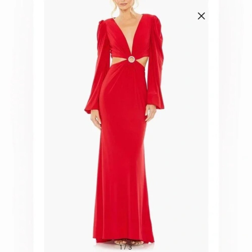 Mac Duggal 26727 Red Cut Outs Jersey Maxi Deep V Plunge Long Sleeve‎ 12